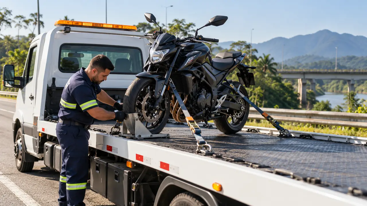 Motocicleta presa com segurança em plataforma
